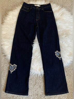 Lizette Collection Embellished Straight Leg Jeans Dark Blue Size Large